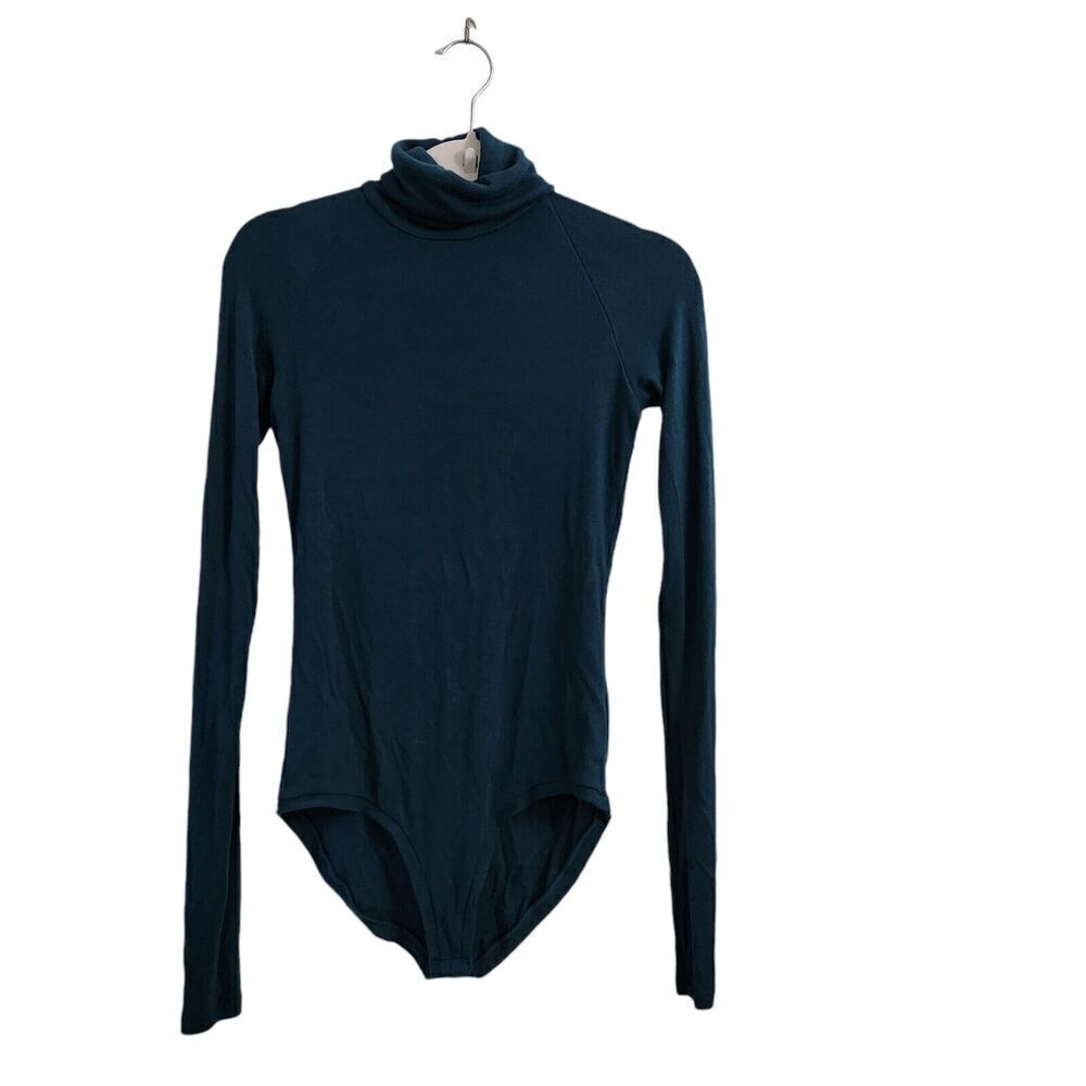 Alix Bodysuit Medium Teal Green Ribbed Longsleeve Turtleneck Blouse Slim Stretch